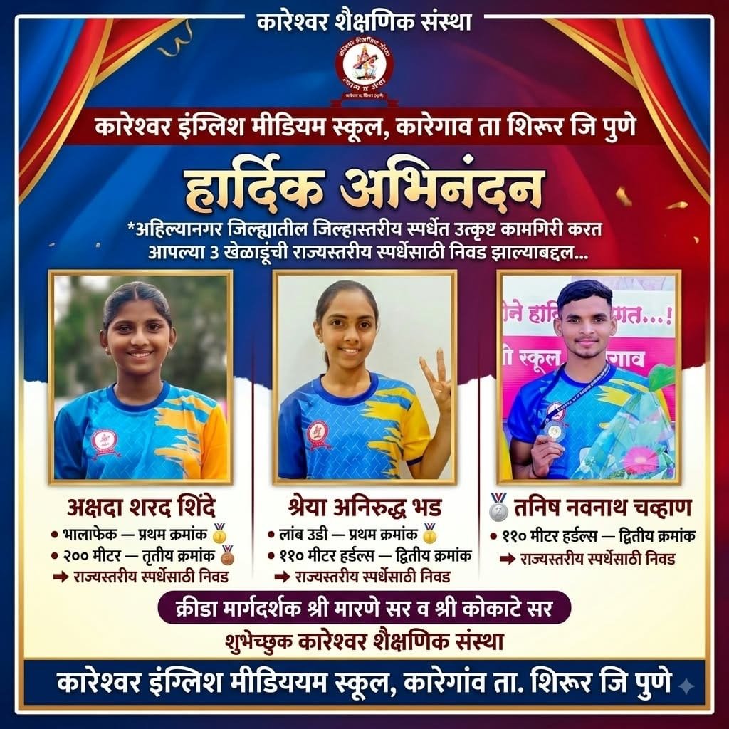 अहिल्यानगर असोसिएशन आयोजित जिल्हास्तरीय अॅथलेटिक्स स्पर्धेत कारेश्वर इंग्लिश मीडियम स्कूल विजयी….